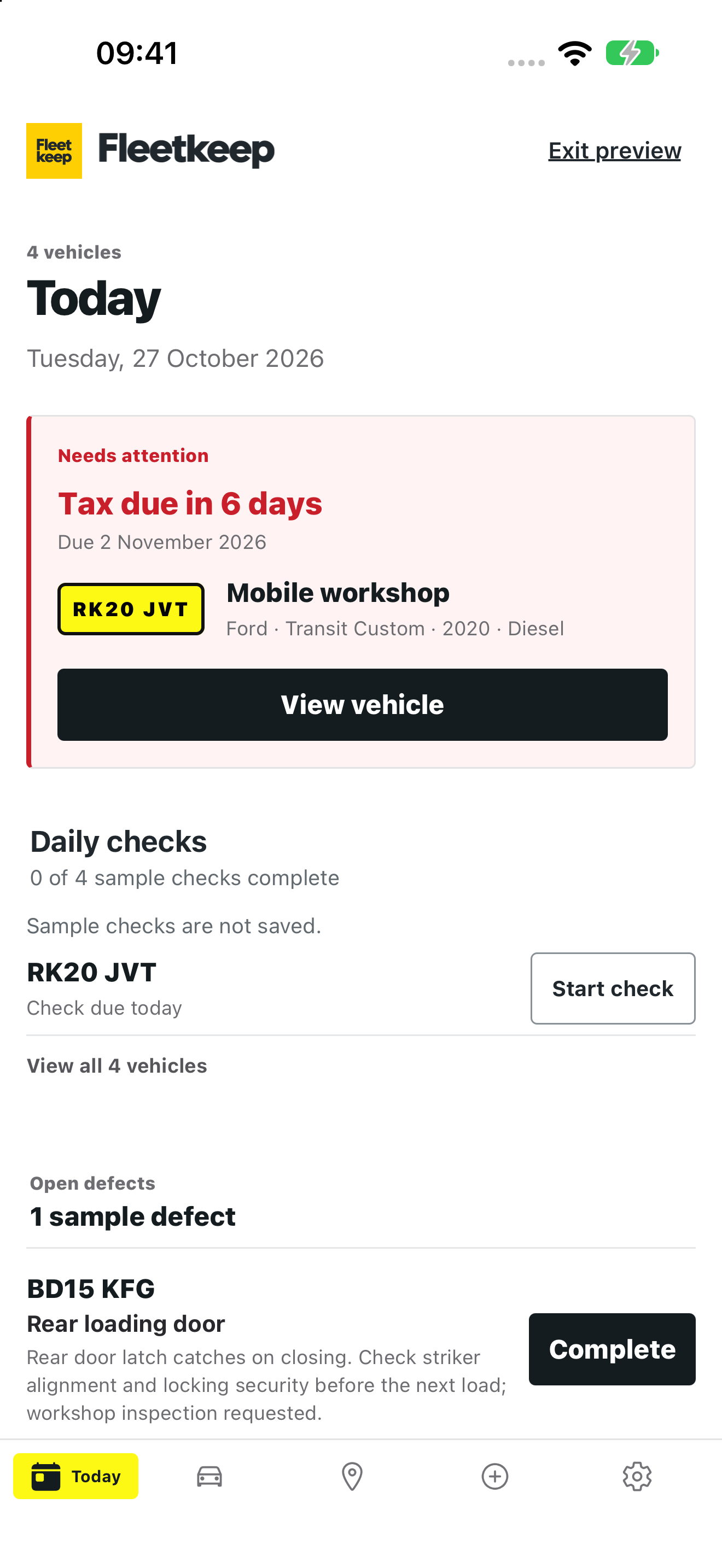 Fleetkeep mobile app Today screen showing due vehicle checks and an open defect using example data.