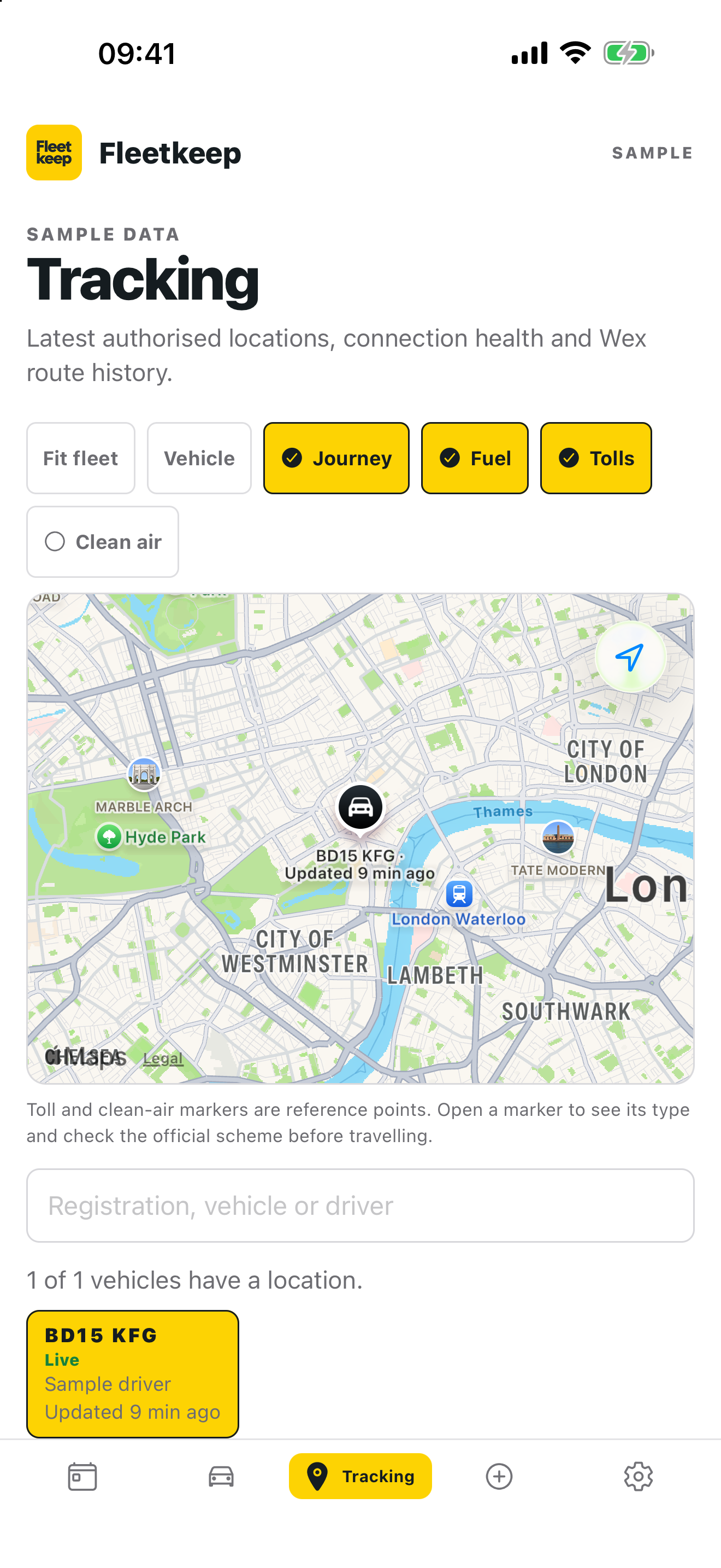 Fleetkeep mobile tracking example showing a vehicle pin, recent location and reference map layers.