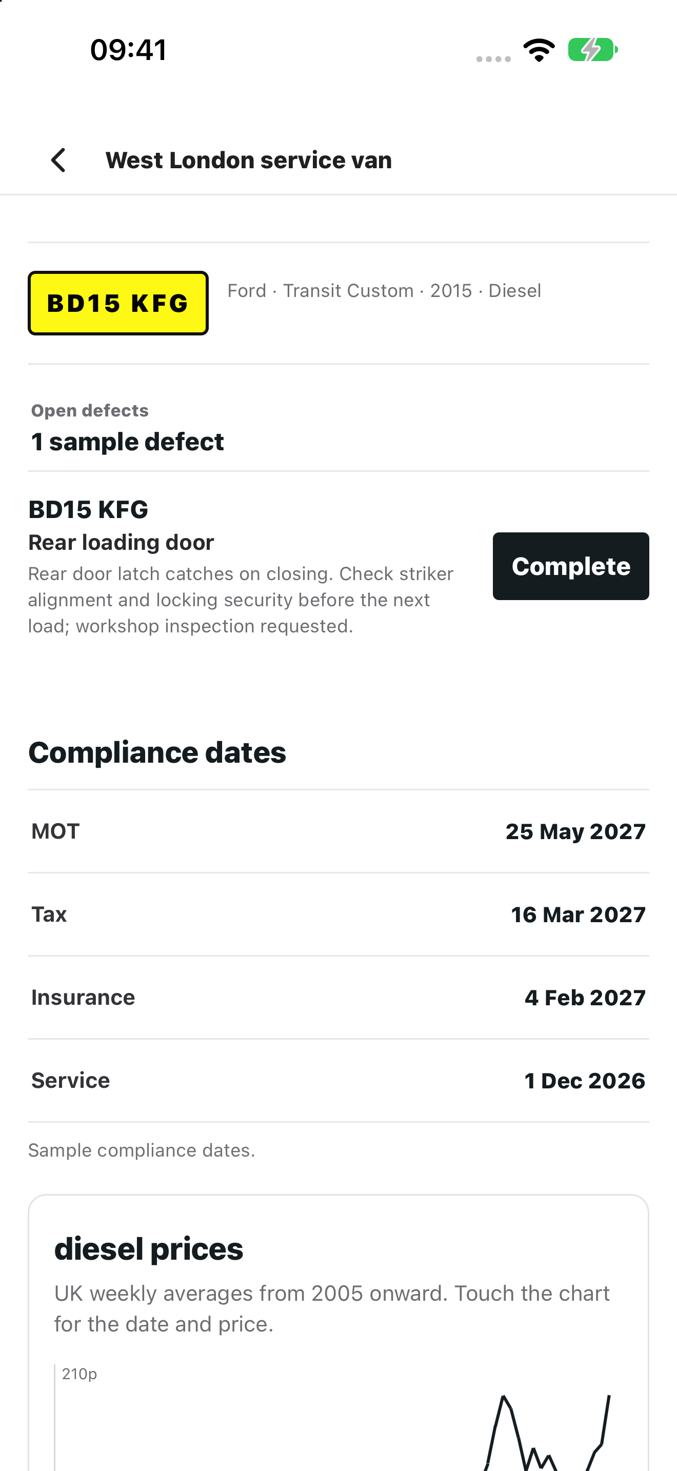 Fleetkeep mobile app vehicle record showing compliance dates and vehicle details using example data.