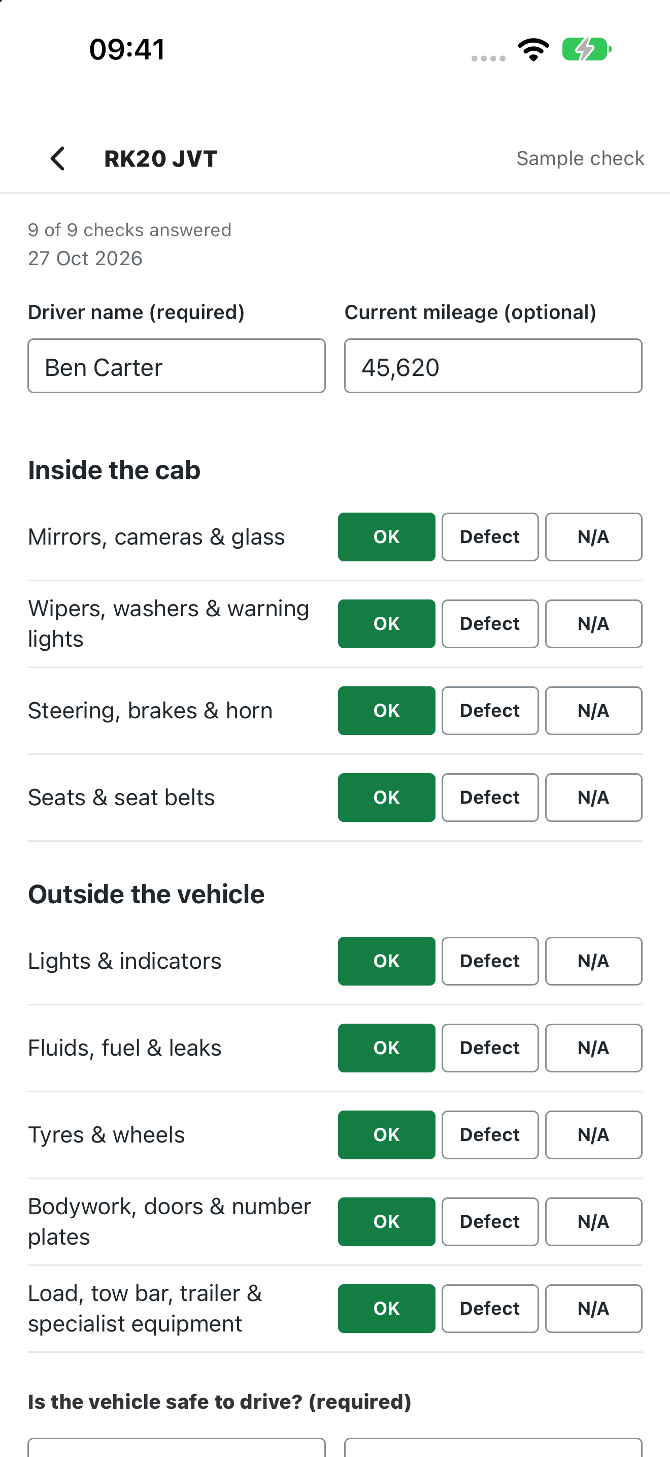 Fleetkeep mobile app vehicle check screen using example data.