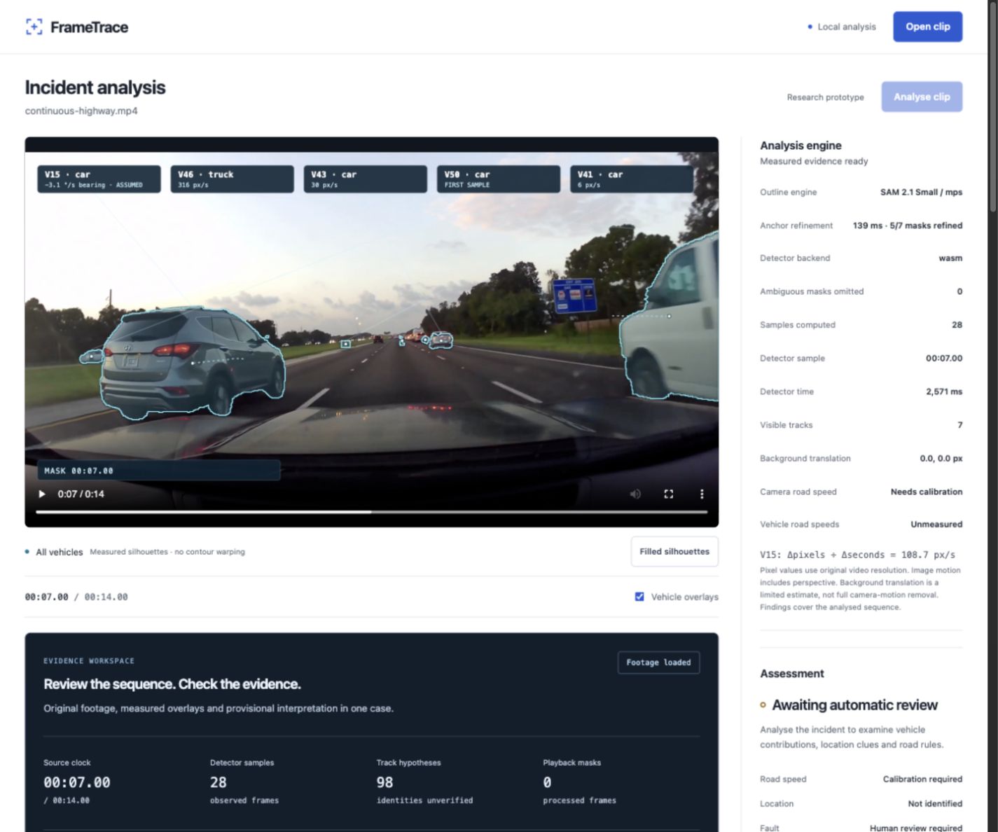 Development footage showing vehicle outlines and pixel-motion measurements