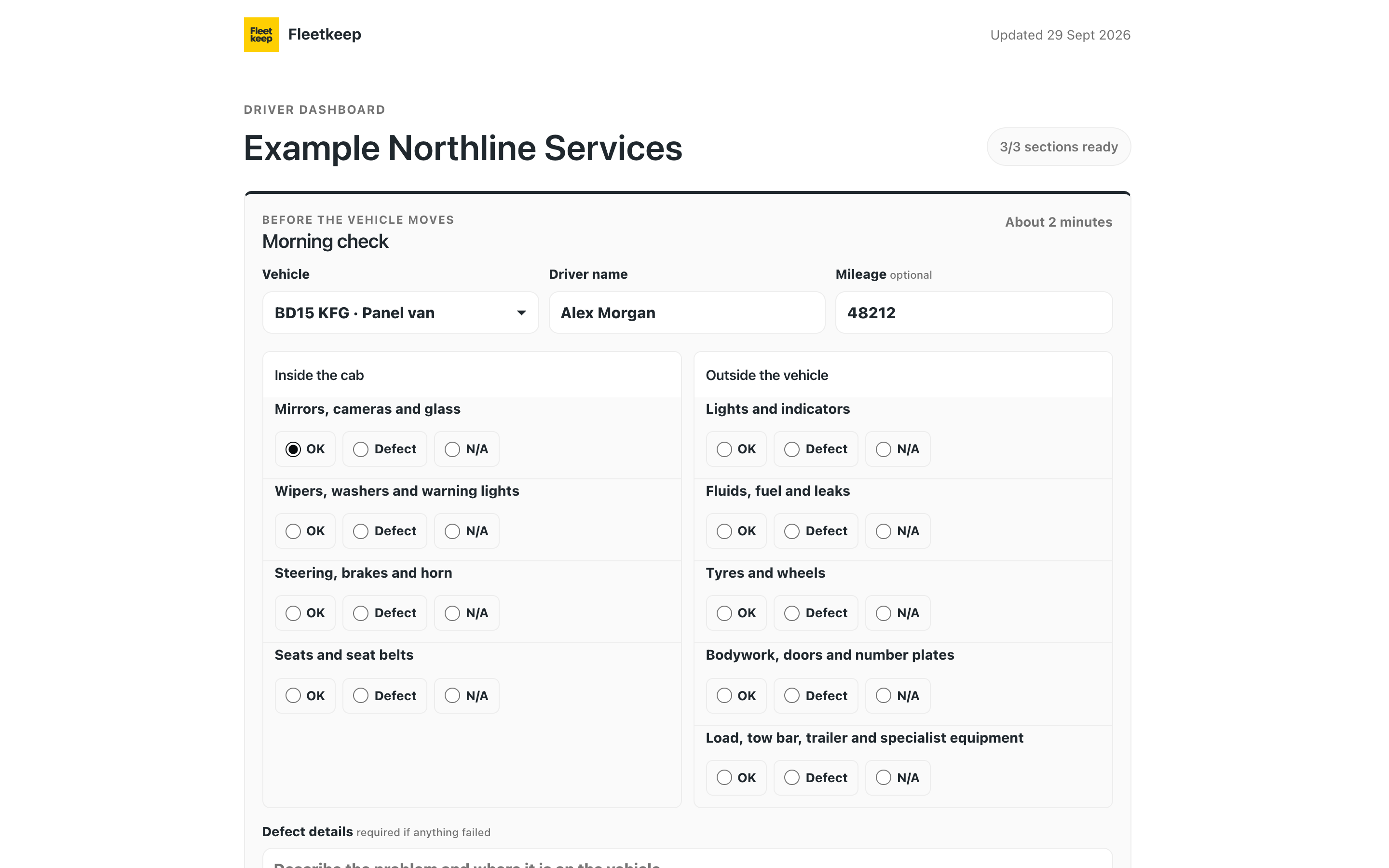 Fictional Fleetkeep driver portal showing the vehicle check and guidance areas.