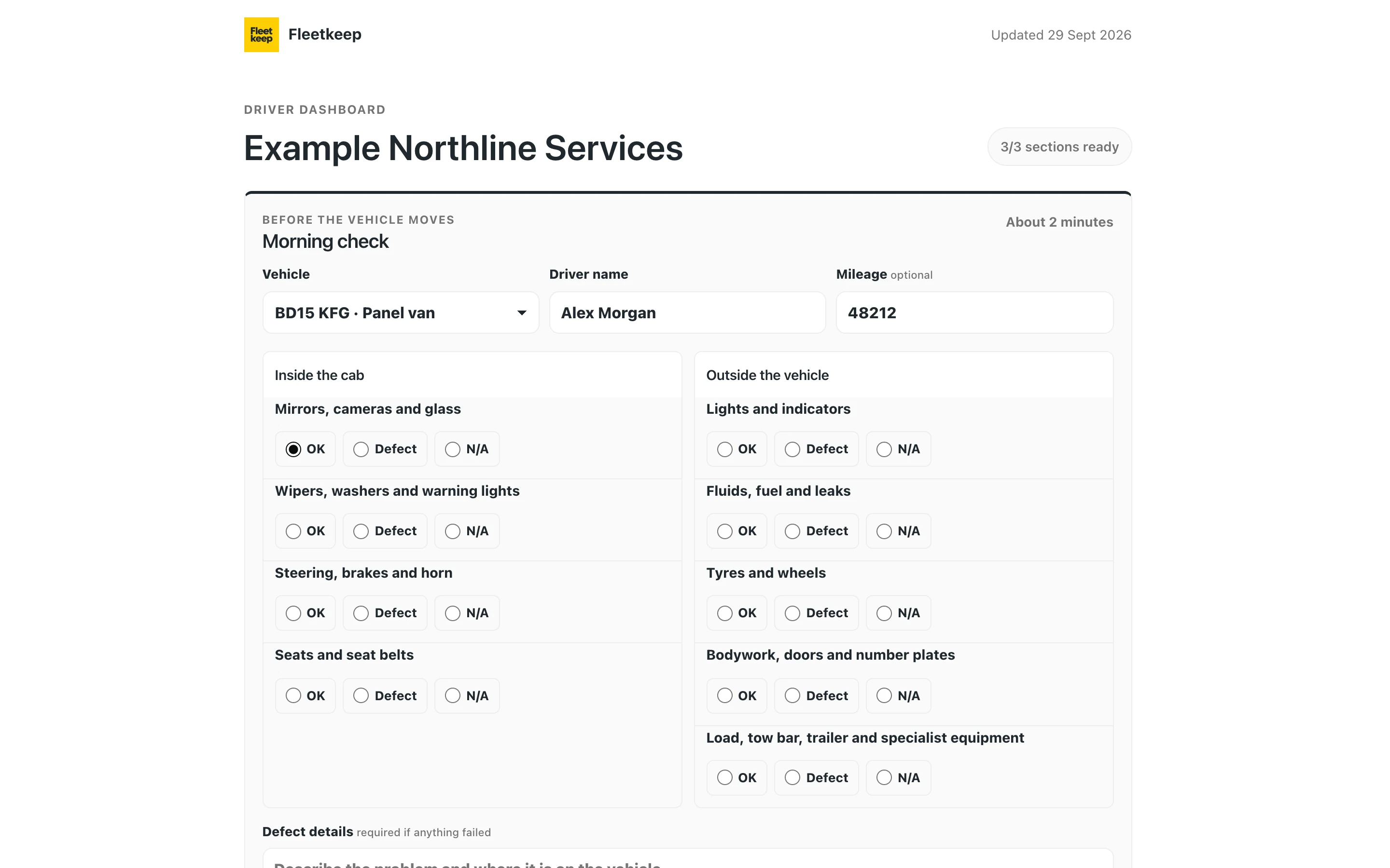 Current Fleetkeep driver portal showing the morning check and guidance entry points with example data.