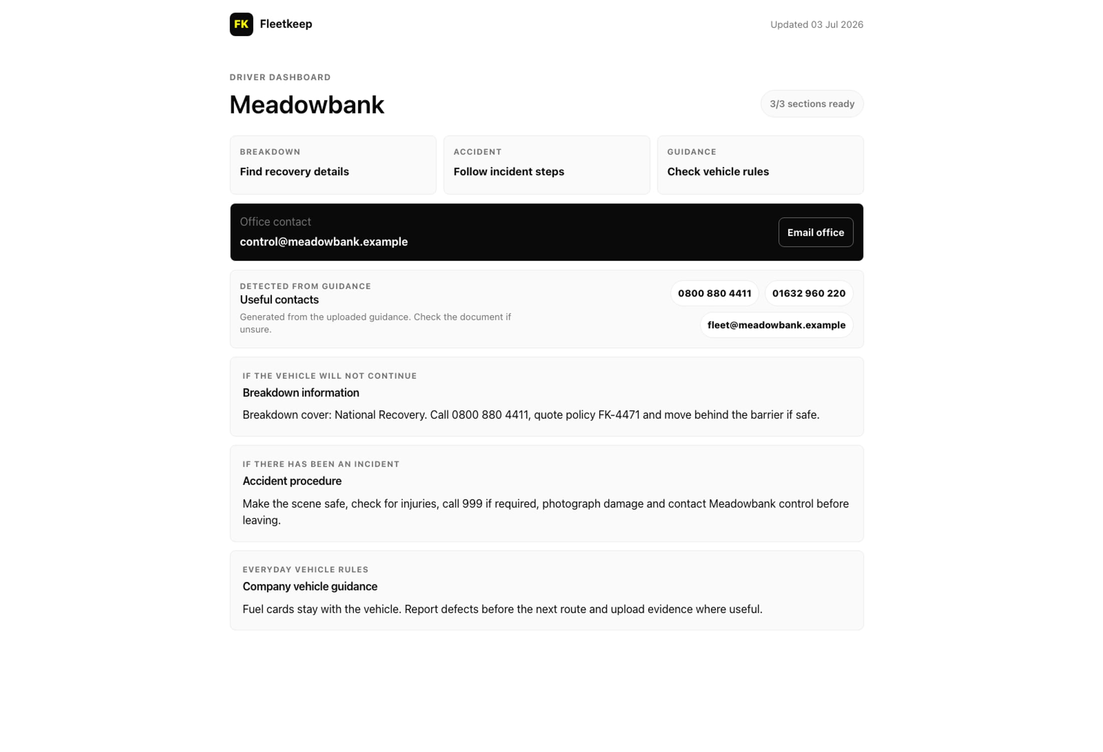 Fleetkeep driver portal showing vehicle guidance and a condition check workflow.
