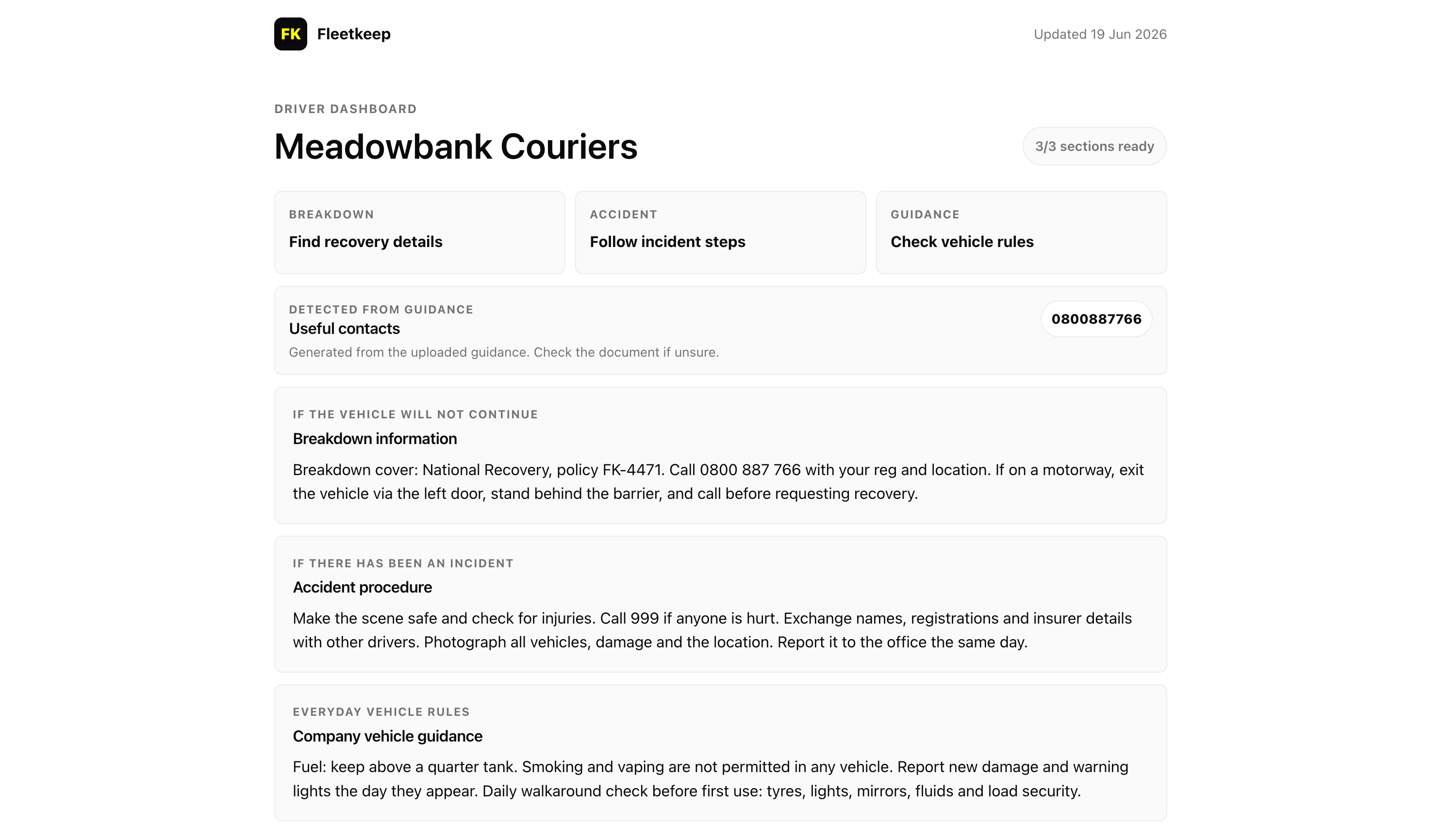 The Fleetkeep driver portal for Meadowbank Couriers: one link with breakdown, accident and vehicle-guidance sections for drivers.