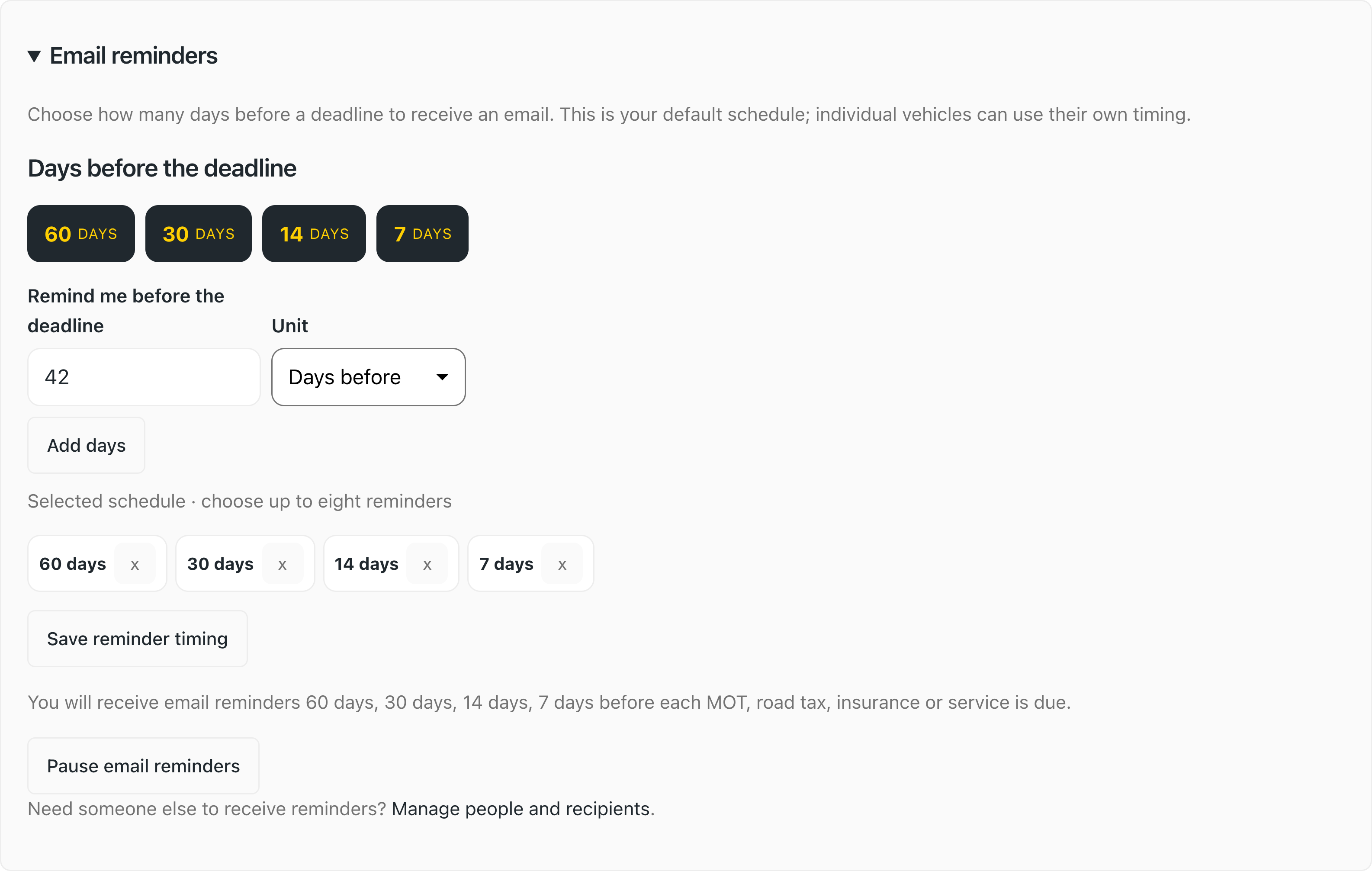 Fleetkeep email reminder settings with default and custom reminder days before each MOT, road tax, insurance or service is due.