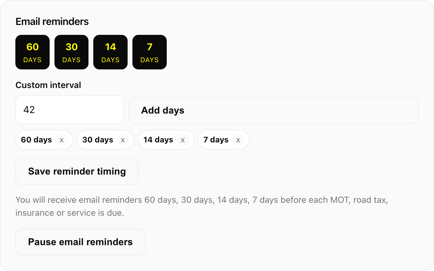 Fleetkeep email reminder settings: reminders sent 60, 30, 14 and 7 days before each MOT, road tax, insurance or service is due.