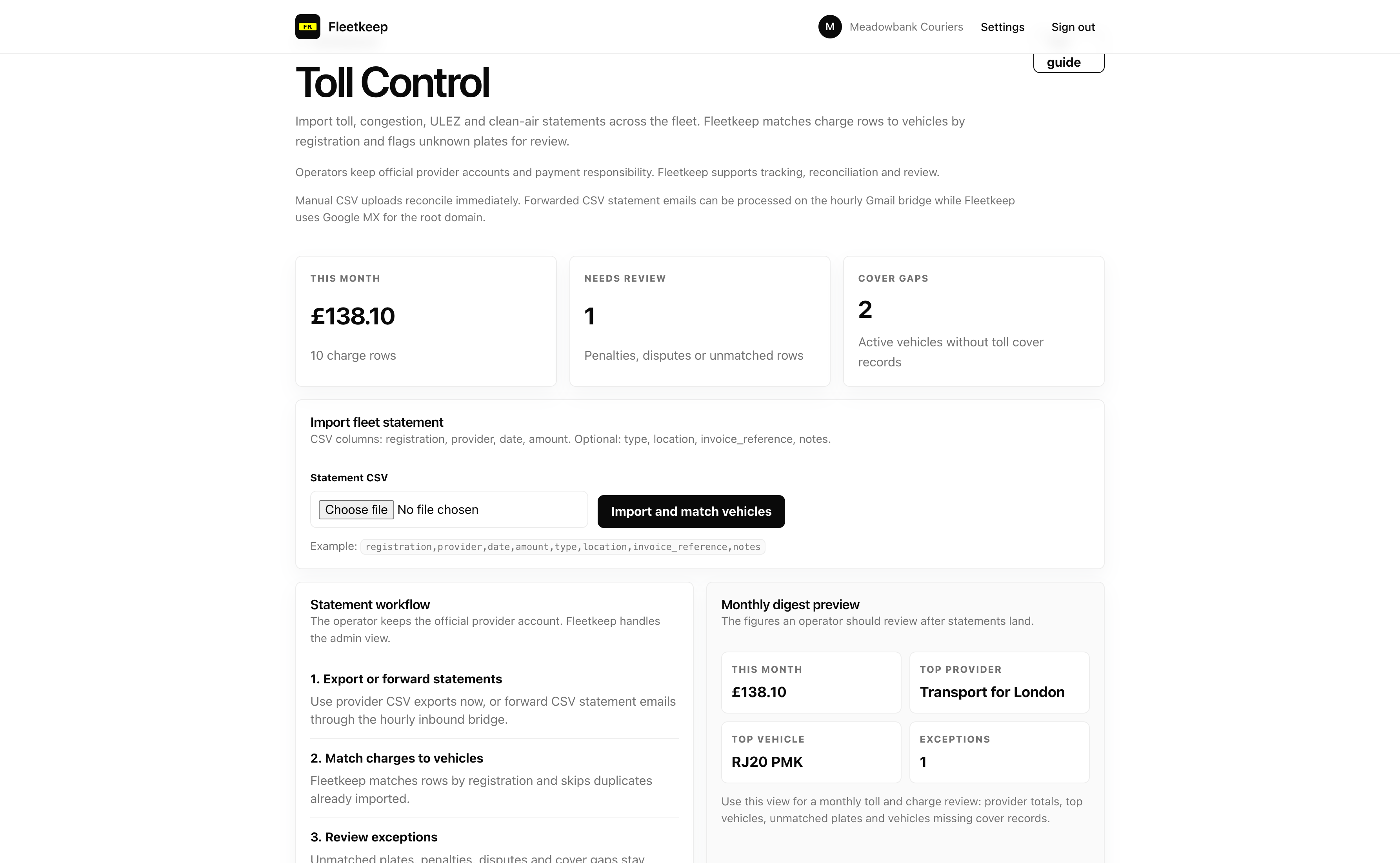 The Fleetkeep toll and charge dashboard: spend this month, charges needing review, cover gaps, and a monthly digest by provider and vehicle.