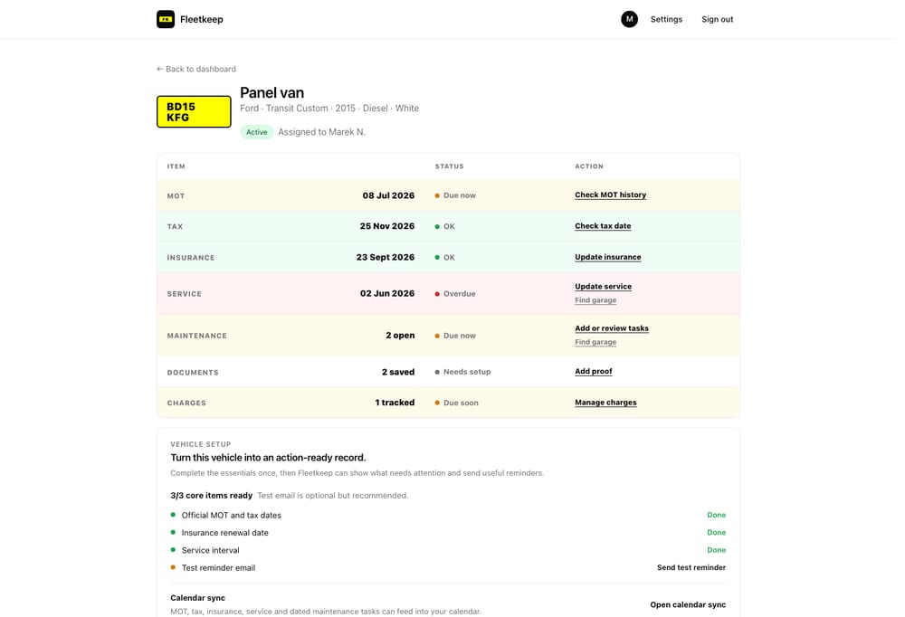 Fleetkeep vehicle record showing dates, documents, maintenance and setup status for one vehicle.