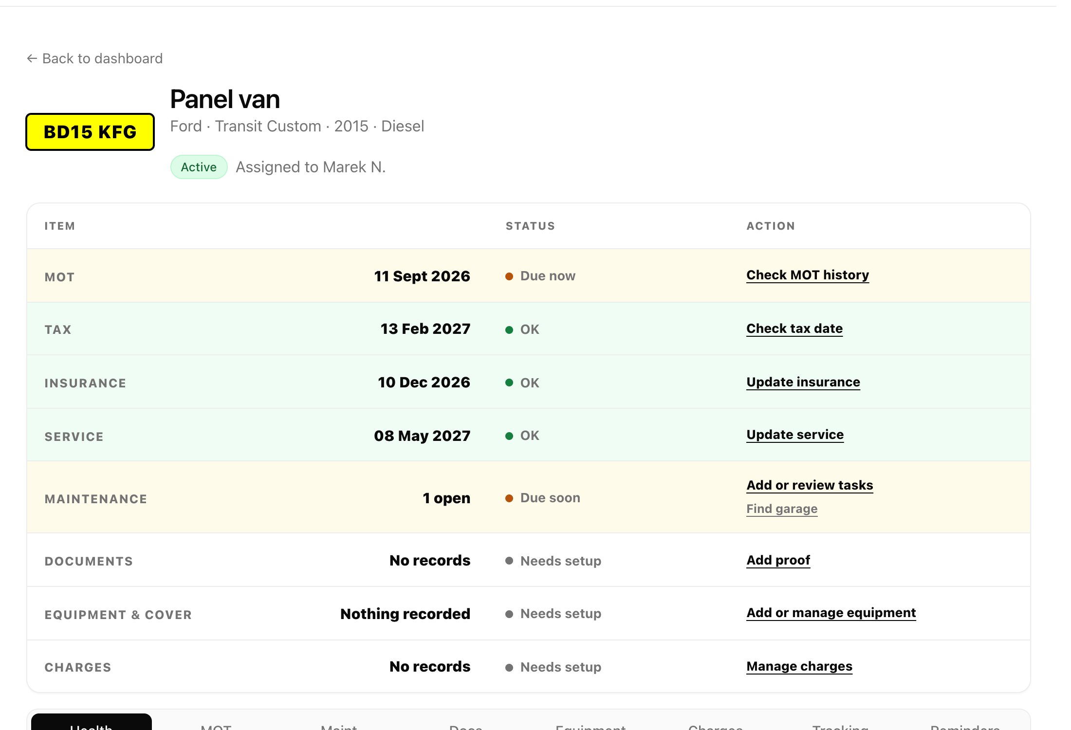 A Fleetkeep vehicle record showing compliance dates, maintenance and vehicle details after import.