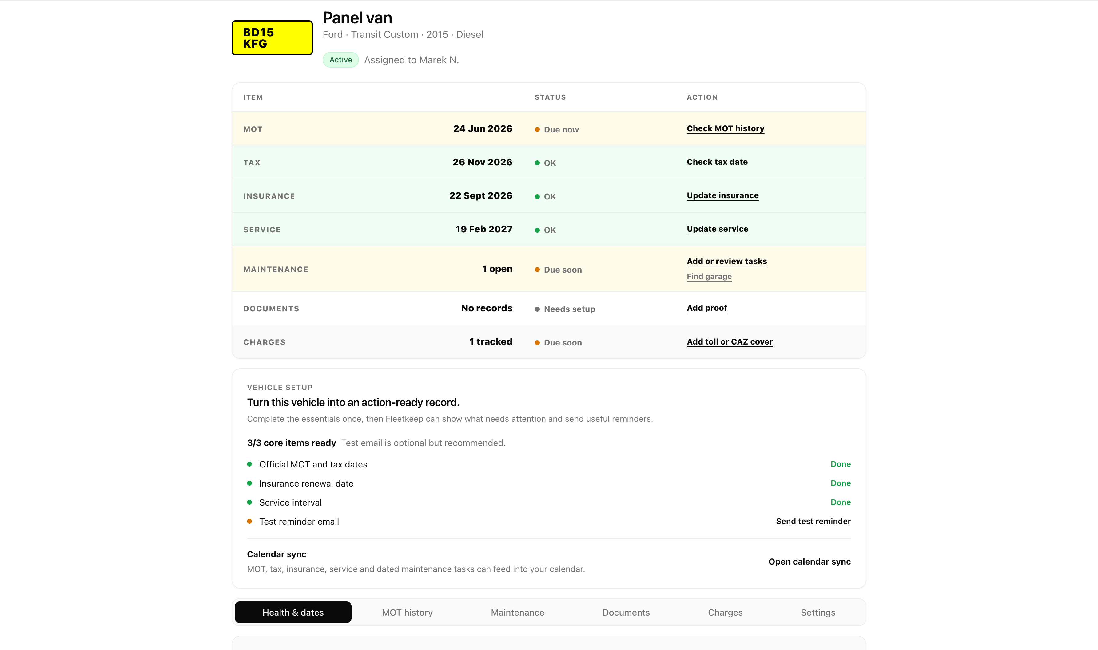 A Fleetkeep vehicle record for BD15 KFG: MOT, tax, insurance and service dates with status, an open maintenance task and a setup checklist.